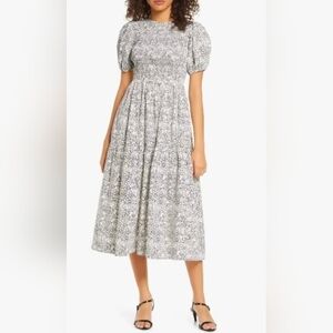 S/W/F cotton smocked midi dress black and white floral print
